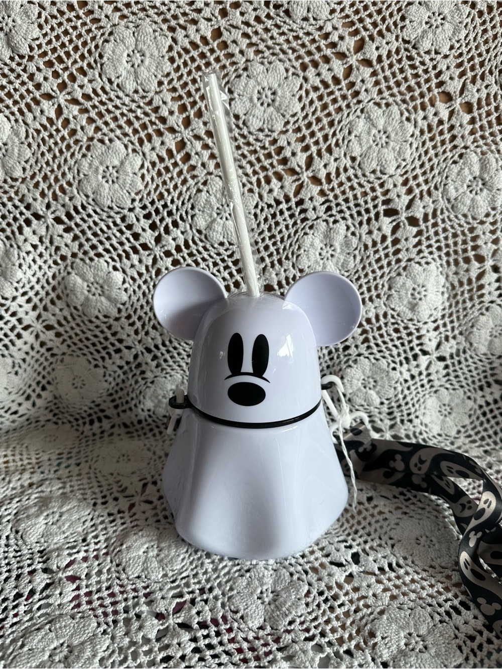 Disney White Mickey Mouse Ghost Drink Cup with Straw and Carry Strap/Halloween